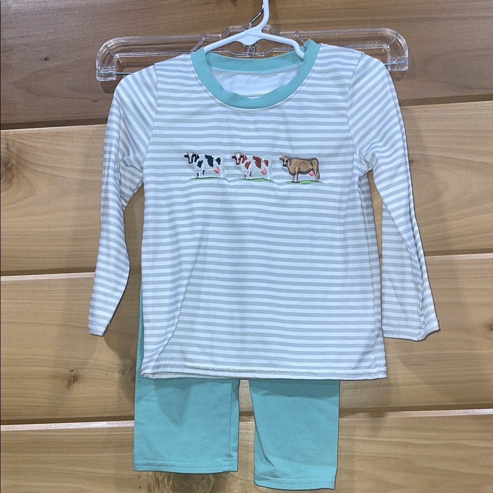 Striped Boy Top and Pants Set with Cow Design
